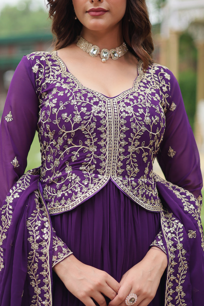 Faux Blooming Purple Gown with Sequins & Zari Embroidered Work – Elegant Full-Sleeve Flair