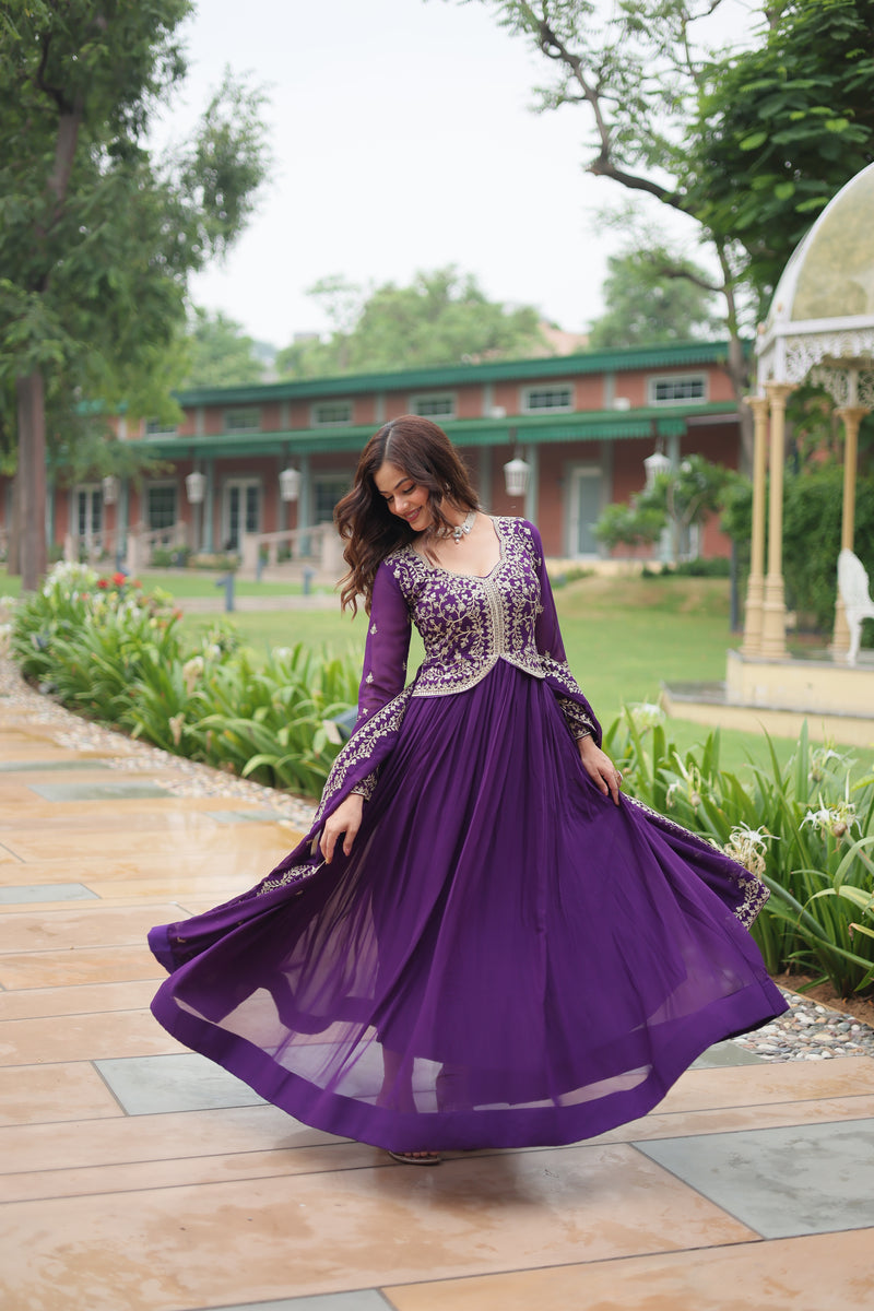 Faux Blooming Purple Gown with Sequins & Zari Embroidered Work – Elegant Full-Sleeve Flair