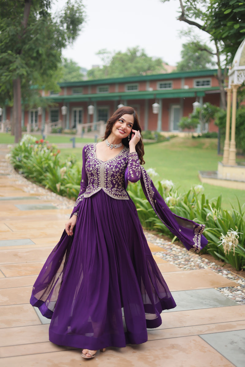 Faux Blooming Purple Gown with Sequins & Zari Embroidered Work – Elegant Full-Sleeve Flair