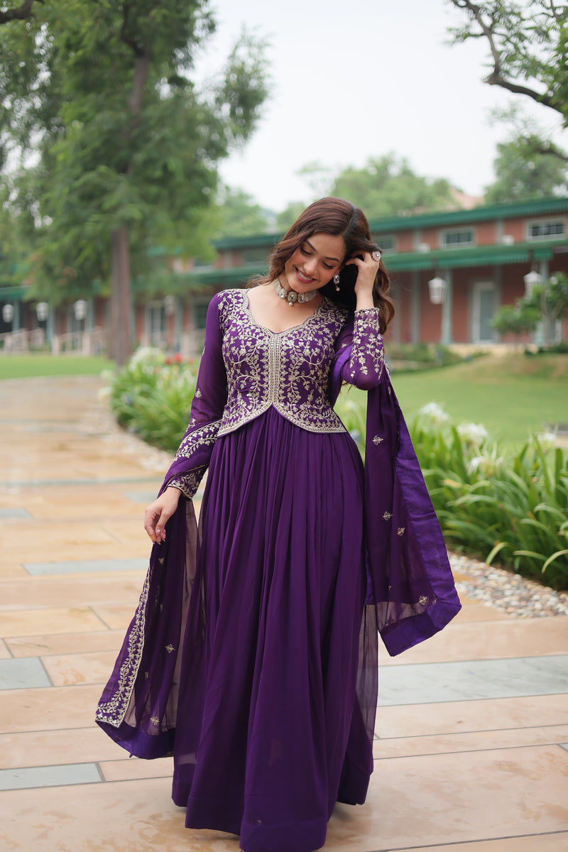 Faux Blooming Purple Gown with Sequins & Zari Embroidered Work – Elegant Full-Sleeve Flair