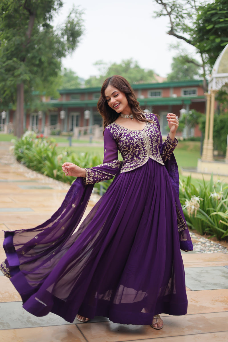 Faux Blooming Purple Gown with Sequins & Zari Embroidered Work – Elegant Full-Sleeve Flair