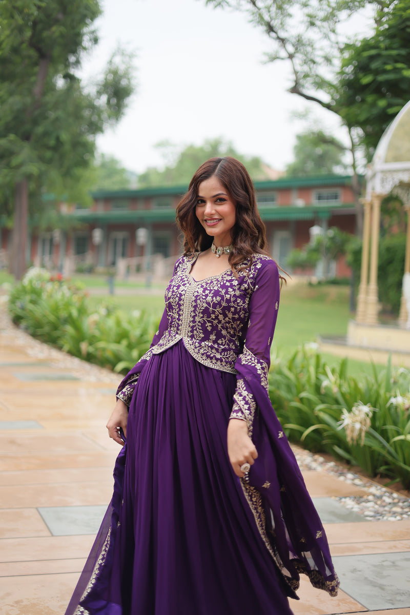 Faux Blooming Purple Gown with Sequins & Zari Embroidered Work – Elegant Full-Sleeve Flair