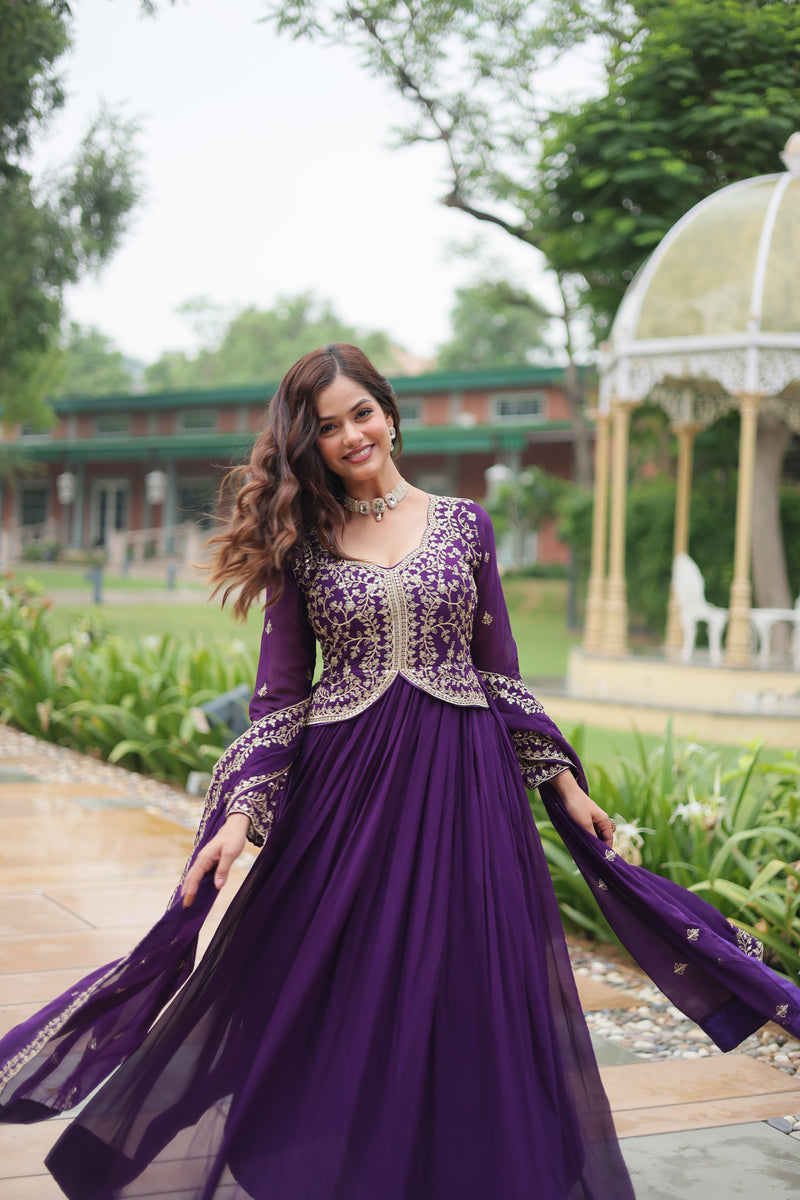 Faux Blooming Purple Gown with Sequins & Zari Embroidered Work – Elegant Full-Sleeve Flair