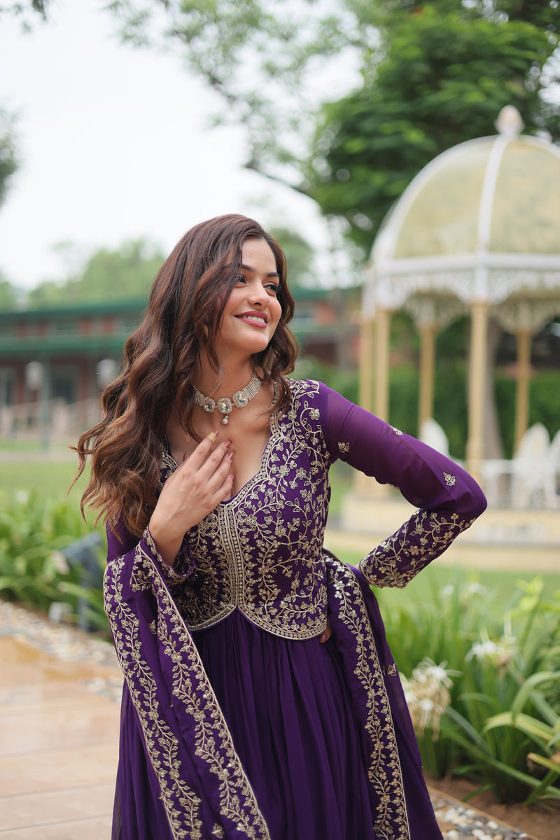 Faux Blooming Purple Gown with Sequins & Zari Embroidered Work – Elegant Full-Sleeve Flair