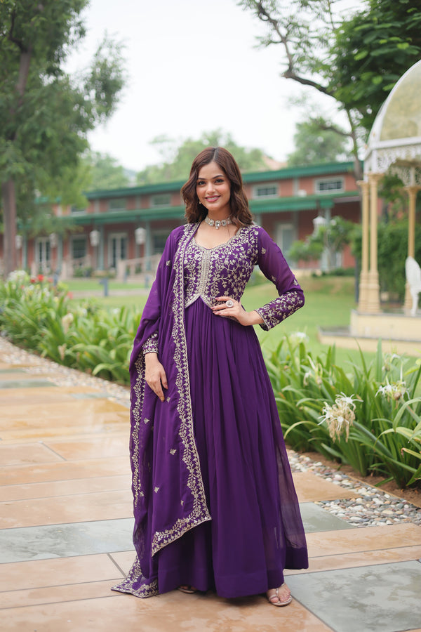 Faux Blooming Purple Gown with Sequins & Zari Embroidered Work – Elegant Full-Sleeve Flair