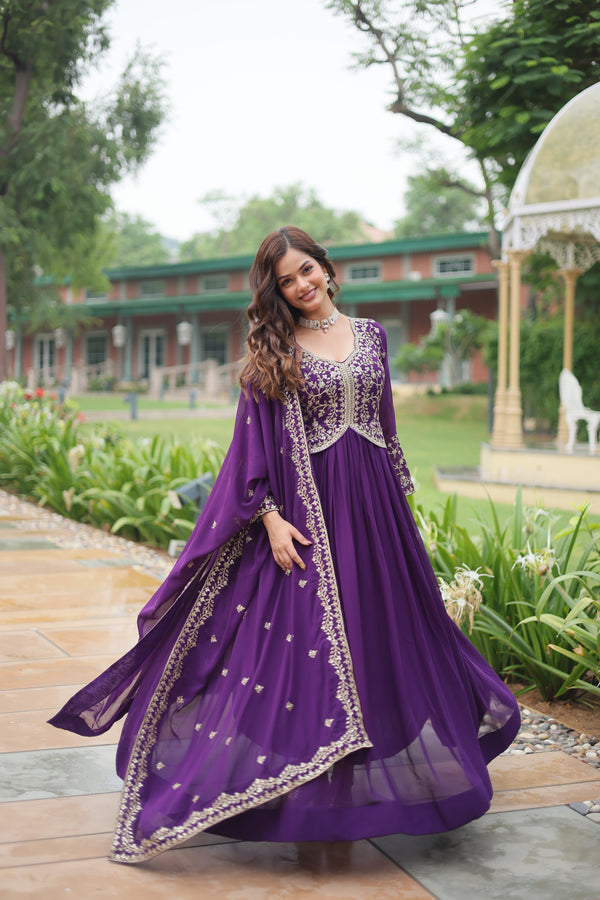 Faux Blooming Purple Gown with Sequins & Zari Embroidered Work – Elegant Full-Sleeve Flair