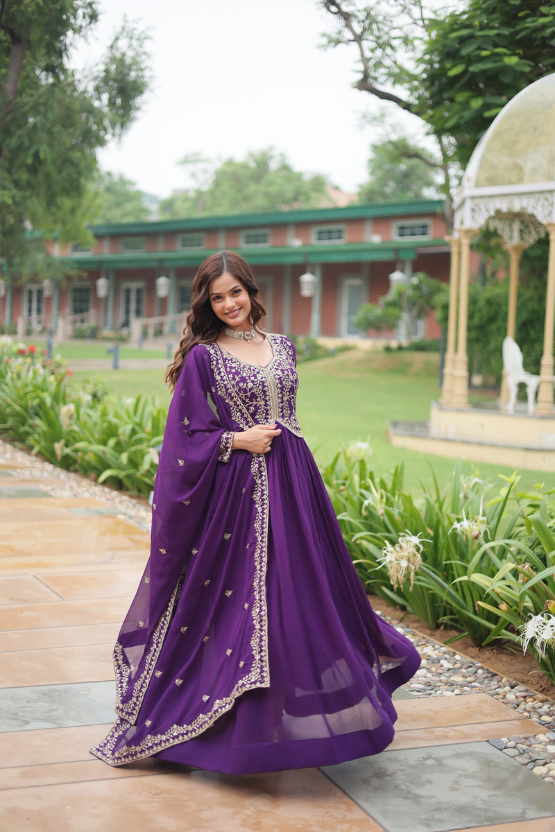 Faux Blooming Purple Gown with Sequins & Zari Embroidered Work – Elegant Full-Sleeve Flair