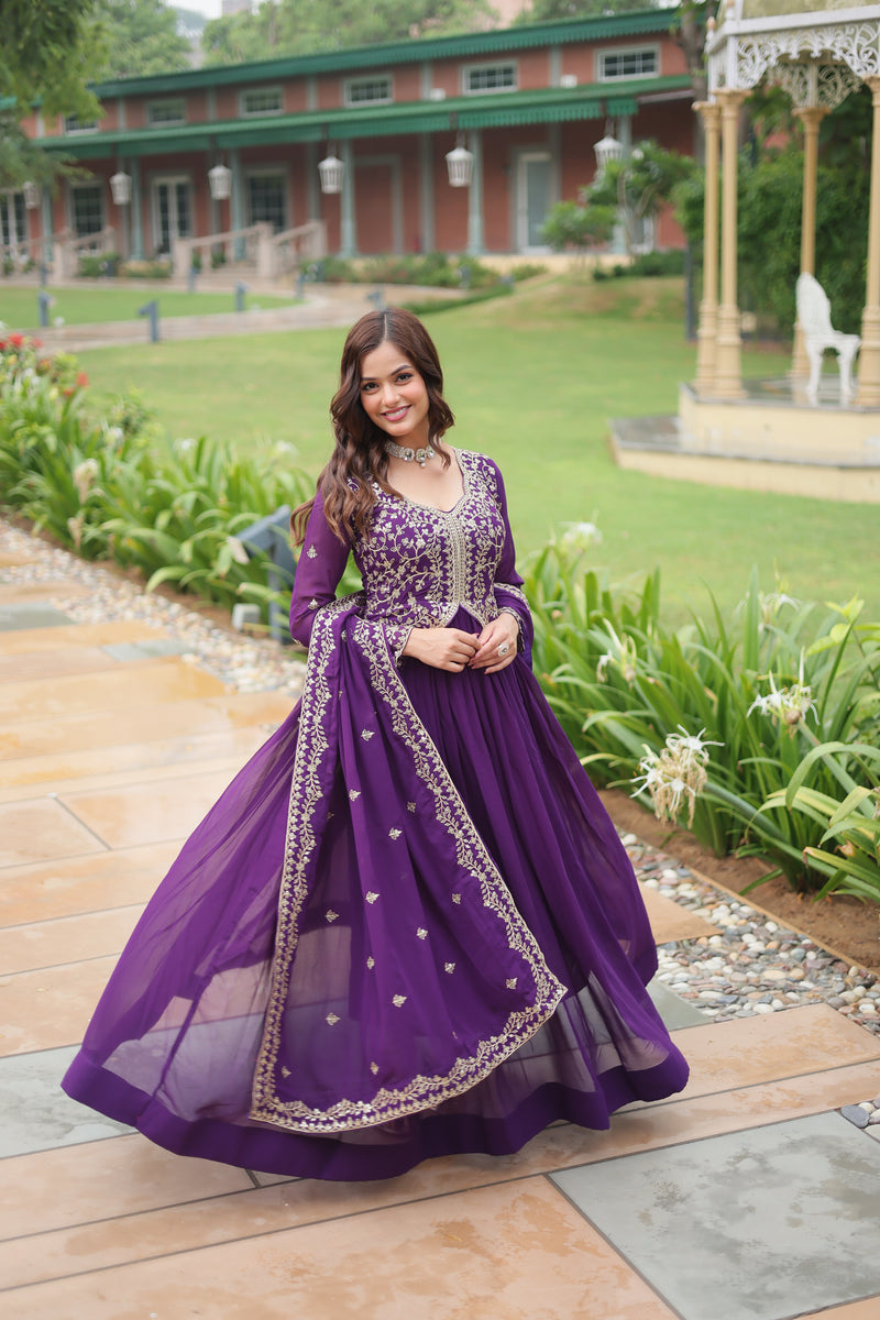 Faux Blooming Purple Gown with Sequins & Zari Embroidered Work – Elegant Full-Sleeve Flair