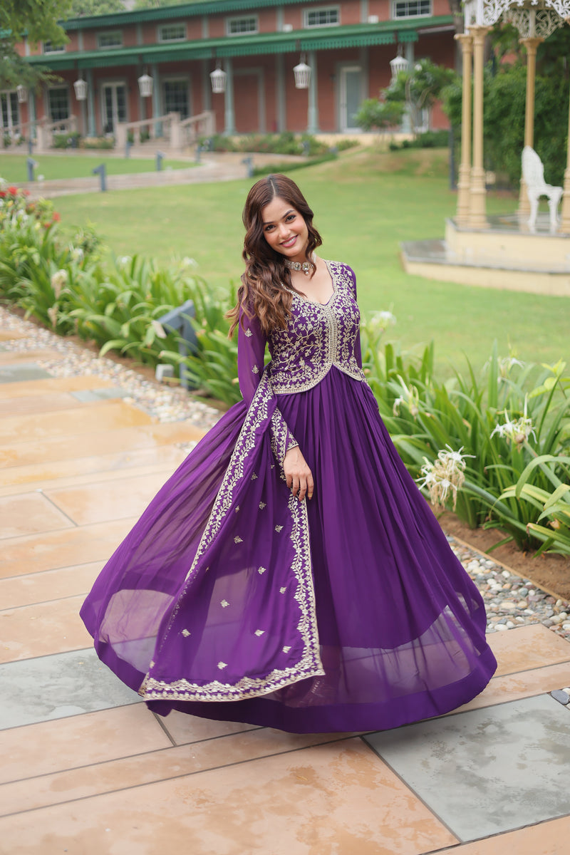 Faux Blooming Purple Gown with Sequins & Zari Embroidered Work – Elegant Full-Sleeve Flair