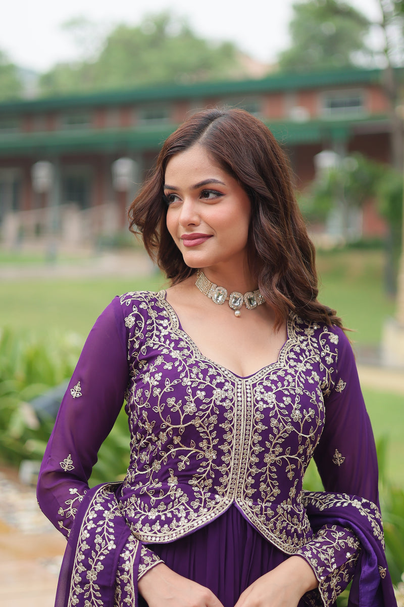 Faux Blooming Purple Gown with Sequins & Zari Embroidered Work – Elegant Full-Sleeve Flair