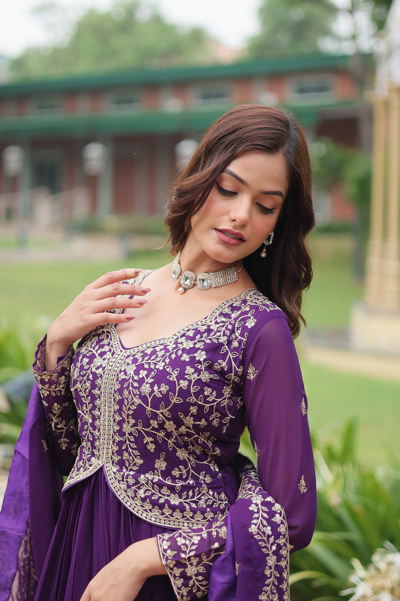 Faux Blooming Purple Gown with Sequins & Zari Embroidered Work – Elegant Full-Sleeve Flair