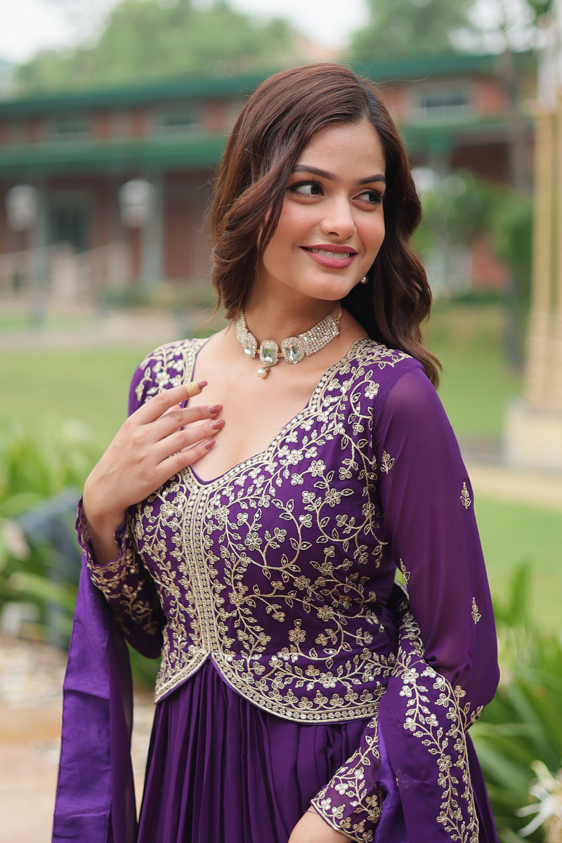 Faux Blooming Purple Gown with Sequins & Zari Embroidered Work – Elegant Full-Sleeve Flair