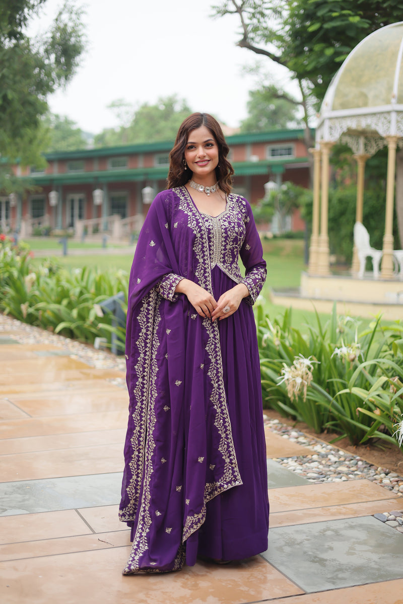 Faux Blooming Purple Gown with Sequins & Zari Embroidered Work – Elegant Full-Sleeve Flair