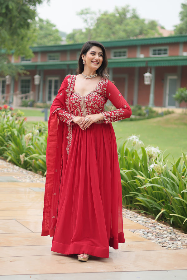 Faux Blooming Red Gown with Sequins & Zari Embroidered Work – Elegant Full-Sleeve Flair