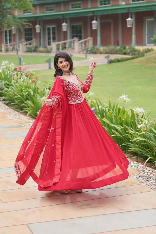 Faux Blooming Red Gown with Sequins & Zari Embroidered Work – Elegant Full-Sleeve Flair