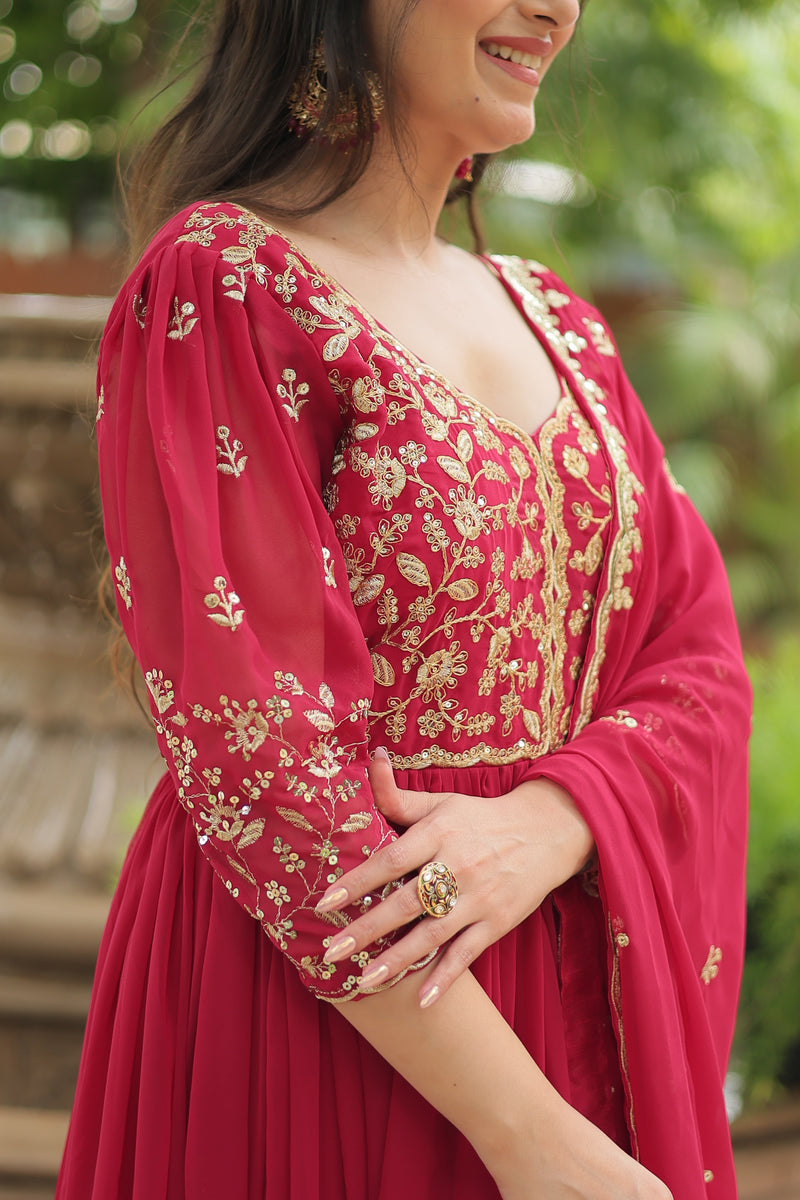 Faux Blooming Pink Gown with Sequins & Arco-Cut Work Dupatta – Elegant Puff Sleeves Flair