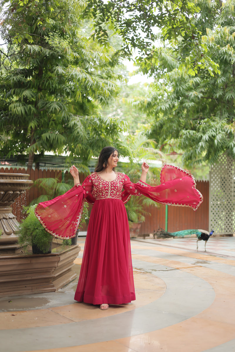 Faux Blooming Pink Gown with Sequins & Arco-Cut Work Dupatta – Elegant Puff Sleeves Flair