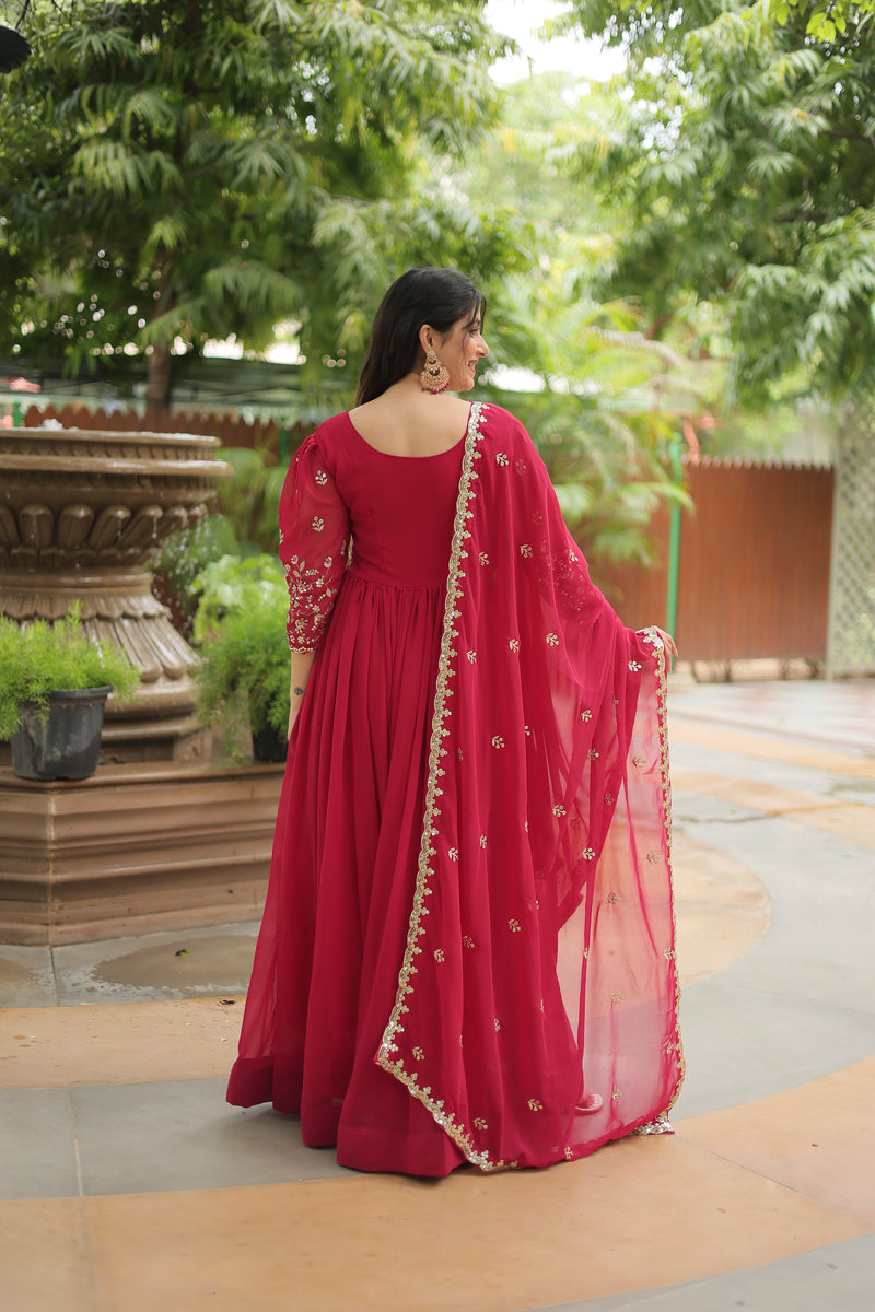 Faux Blooming Pink Gown with Sequins & Arco-Cut Work Dupatta – Elegant Puff Sleeves Flair