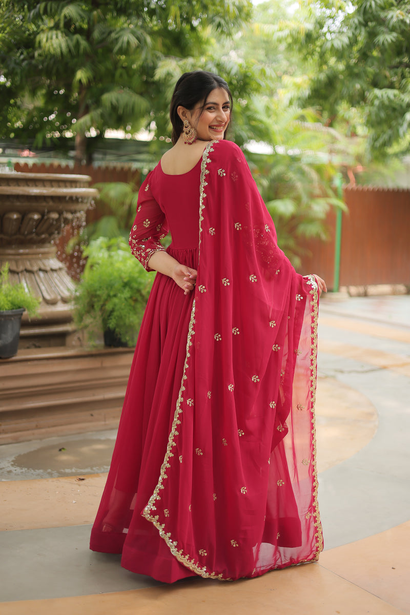 Faux Blooming Pink Gown with Sequins & Arco-Cut Work Dupatta – Elegant Puff Sleeves Flair