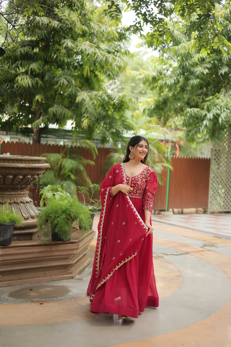 Faux Blooming Pink Gown with Sequins & Arco-Cut Work Dupatta – Elegant Puff Sleeves Flair