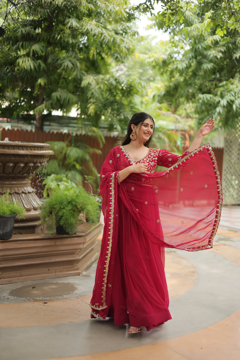 Faux Blooming Pink Gown with Sequins & Arco-Cut Work Dupatta – Elegant Puff Sleeves Flair