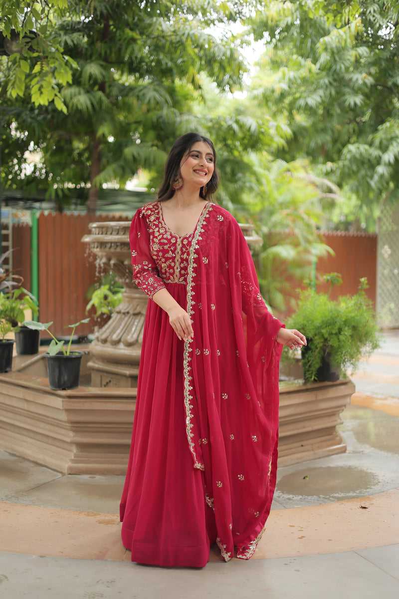 Faux Blooming Pink Gown with Sequins & Arco-Cut Work Dupatta – Elegant Puff Sleeves Flair