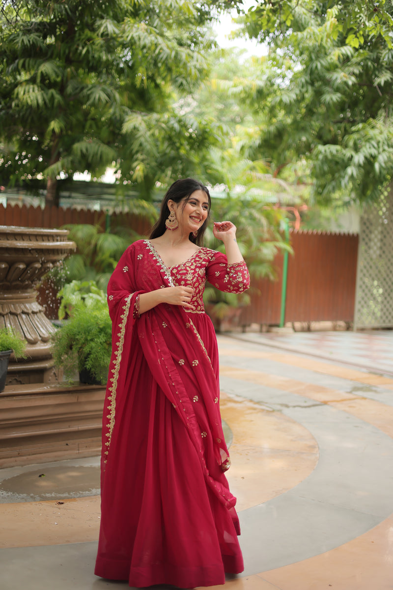 Faux Blooming Pink Gown with Sequins & Arco-Cut Work Dupatta – Elegant Puff Sleeves Flair