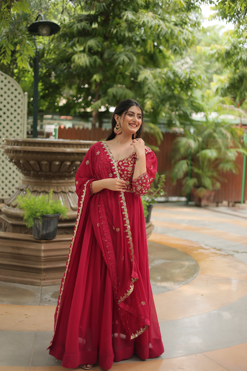 Faux Blooming Pink Gown with Sequins & Arco-Cut Work Dupatta – Elegant Puff Sleeves Flair