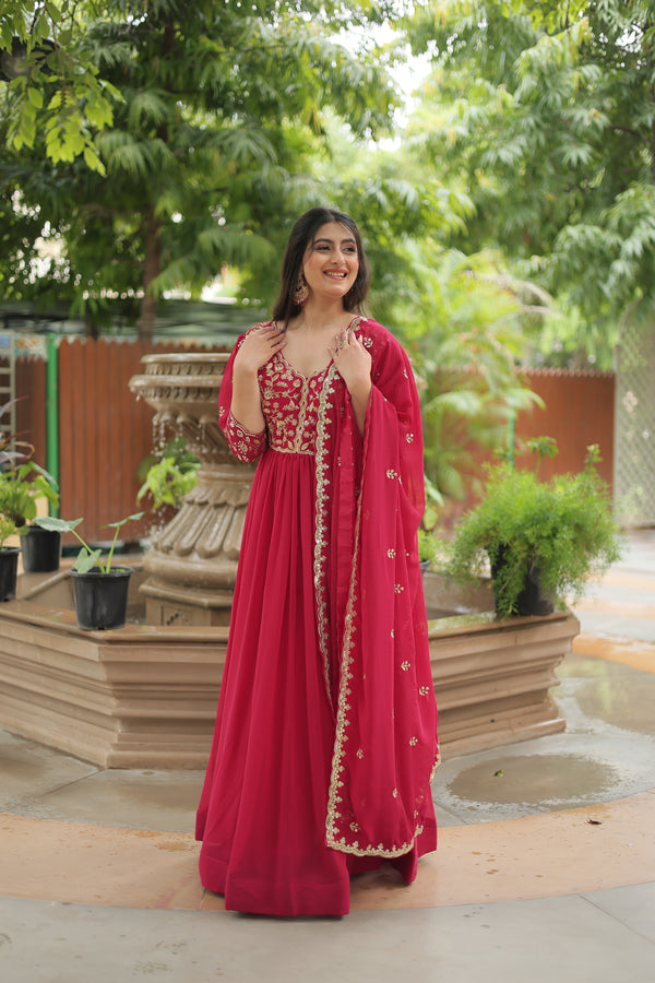 Faux Blooming Pink Gown with Sequins & Arco-Cut Work Dupatta – Elegant Puff Sleeves Flair