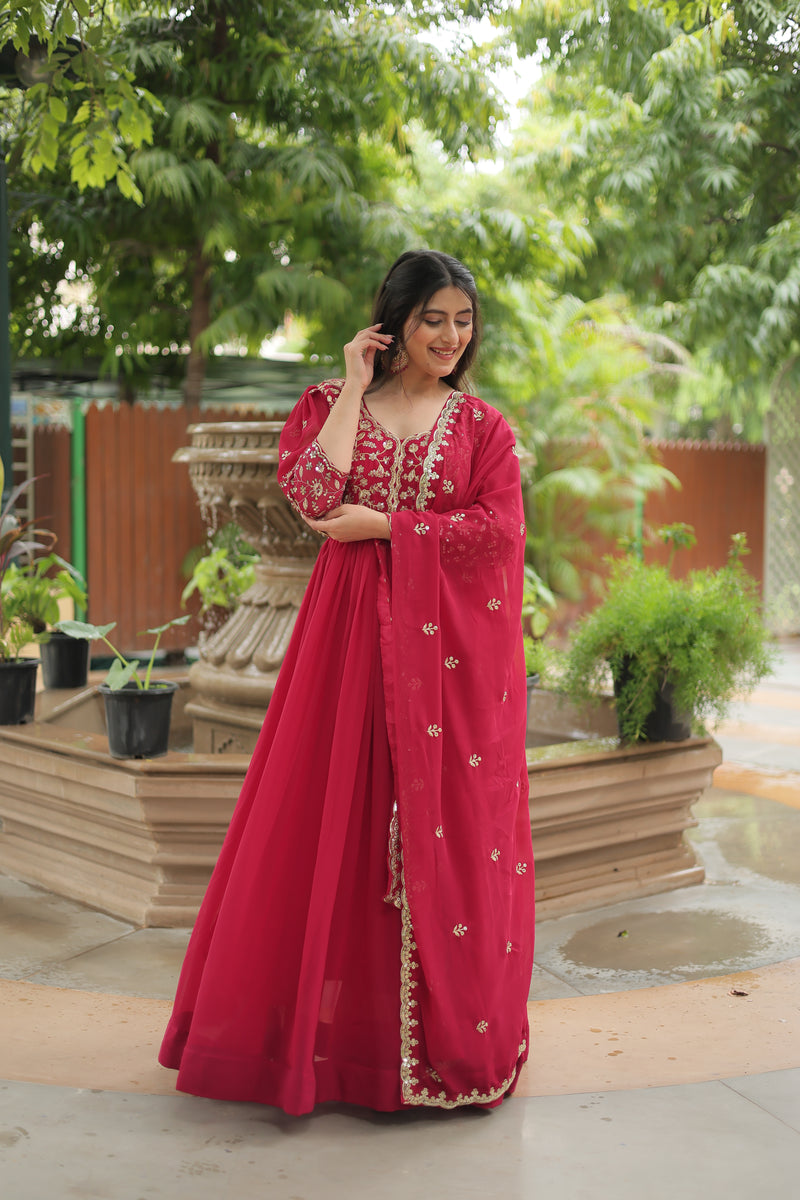 Faux Blooming Pink Gown with Sequins & Arco-Cut Work Dupatta – Elegant Puff Sleeves Flair