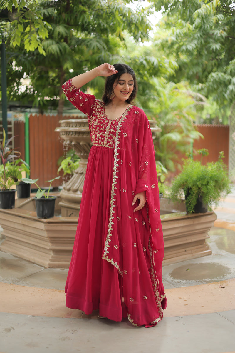 Faux Blooming Pink Gown with Sequins & Arco-Cut Work Dupatta – Elegant Puff Sleeves Flair