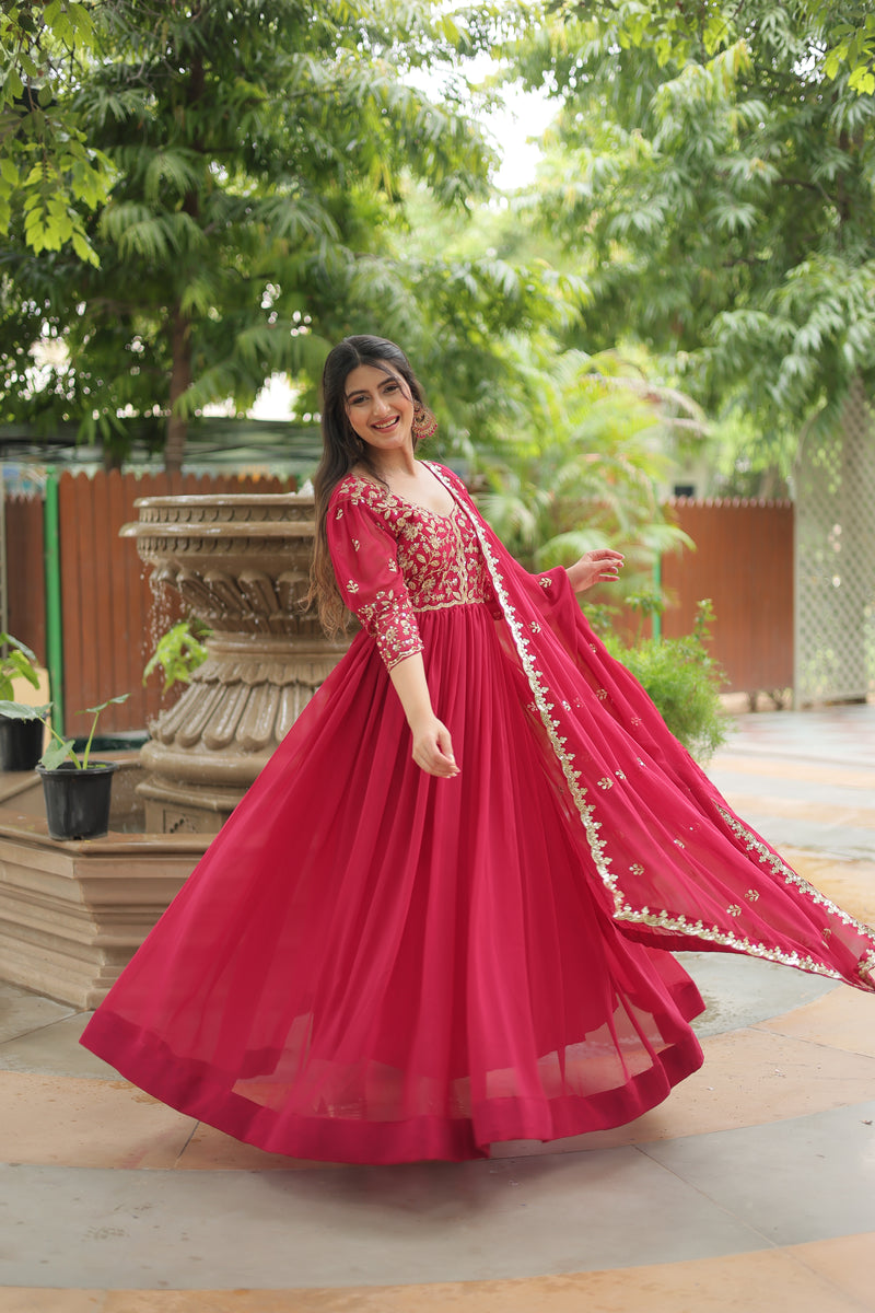 Faux Blooming Pink Gown with Sequins & Arco-Cut Work Dupatta – Elegant Puff Sleeves Flair