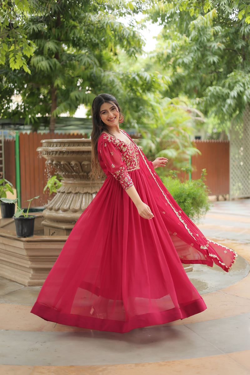 Faux Blooming Pink Gown with Sequins & Arco-Cut Work Dupatta – Elegant Puff Sleeves Flair