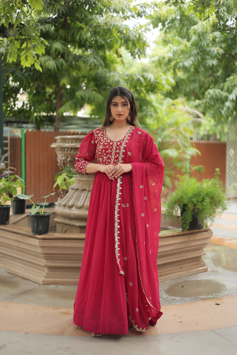 Faux Blooming Pink Gown with Sequins & Arco-Cut Work Dupatta – Elegant Puff Sleeves Flair