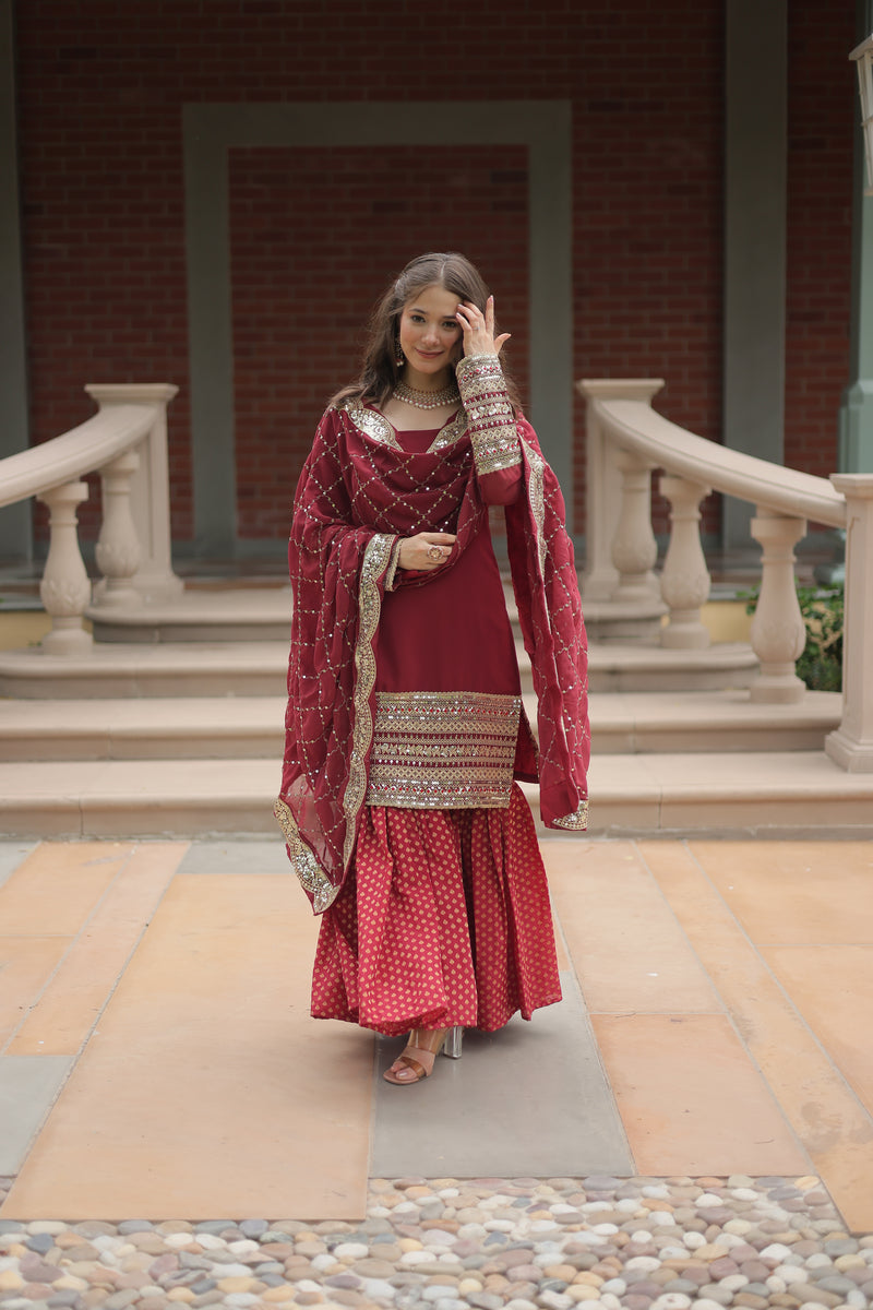 Faux Georgette Maroon Top with Sequins & Thread Embroidered Sharara & Dupatta – Elegant Designer Set