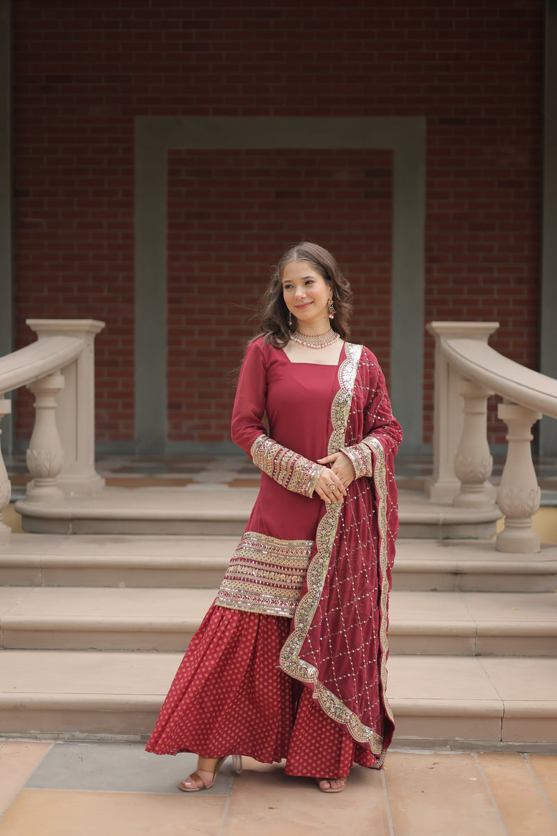 Faux Georgette Maroon Top with Sequins & Thread Embroidered Sharara & Dupatta – Elegant Designer Set