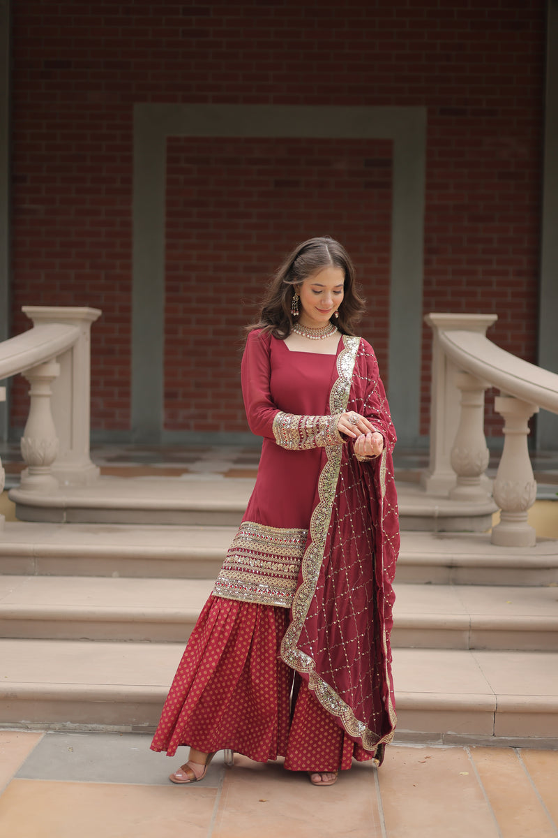 Faux Georgette Maroon Top with Sequins & Thread Embroidered Sharara & Dupatta – Elegant Designer Set