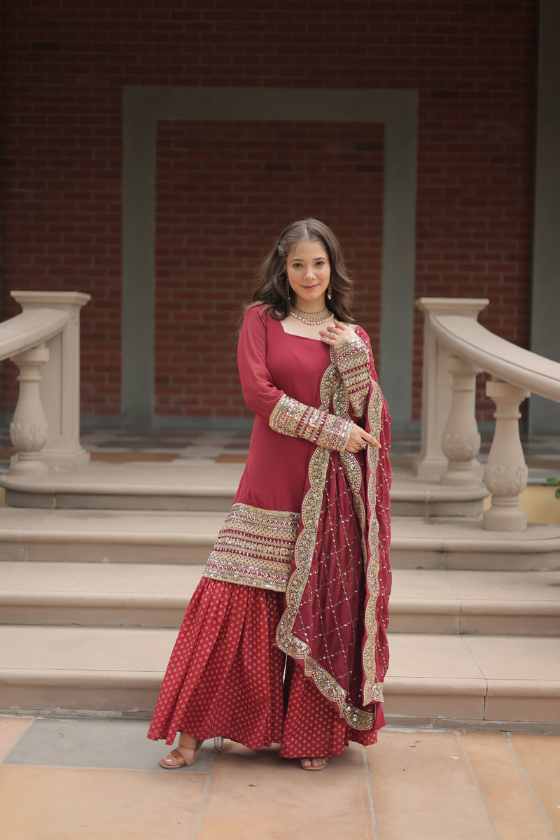 Faux Georgette Maroon Top with Sequins & Thread Embroidered Sharara & Dupatta – Elegant Designer Set