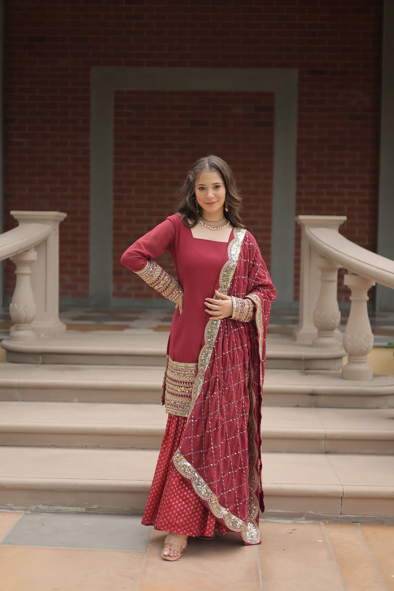 Faux Georgette Maroon Top with Sequins & Thread Embroidered Sharara & Dupatta – Elegant Designer Set