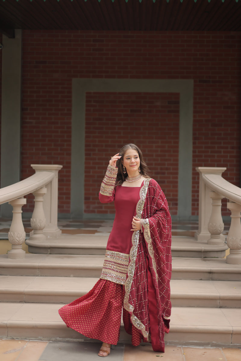 Faux Georgette Maroon Top with Sequins & Thread Embroidered Sharara & Dupatta – Elegant Designer Set