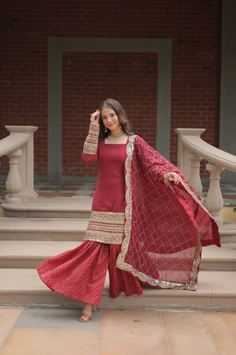 Faux Georgette Maroon Top with Sequins & Thread Embroidered Sharara & Dupatta – Elegant Designer Set