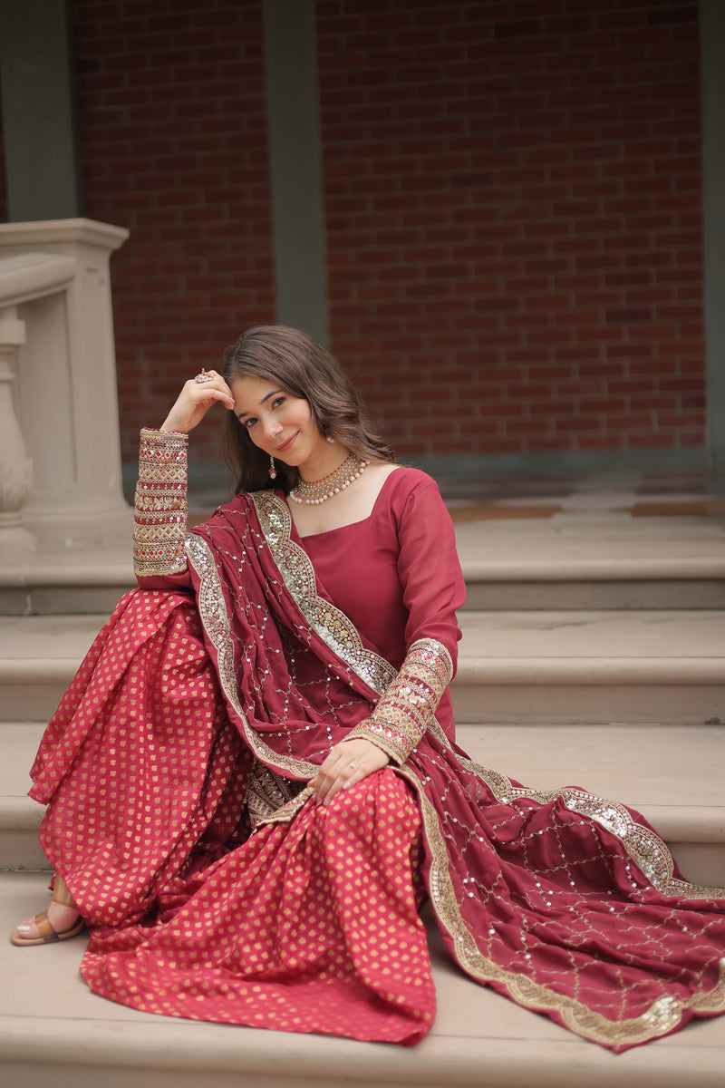 Faux Georgette Maroon Top with Sequins & Thread Embroidered Sharara & Dupatta – Elegant Designer Set