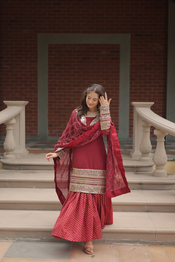 Faux Georgette Maroon Top with Sequins & Thread Embroidered Sharara & Dupatta – Elegant Designer Set