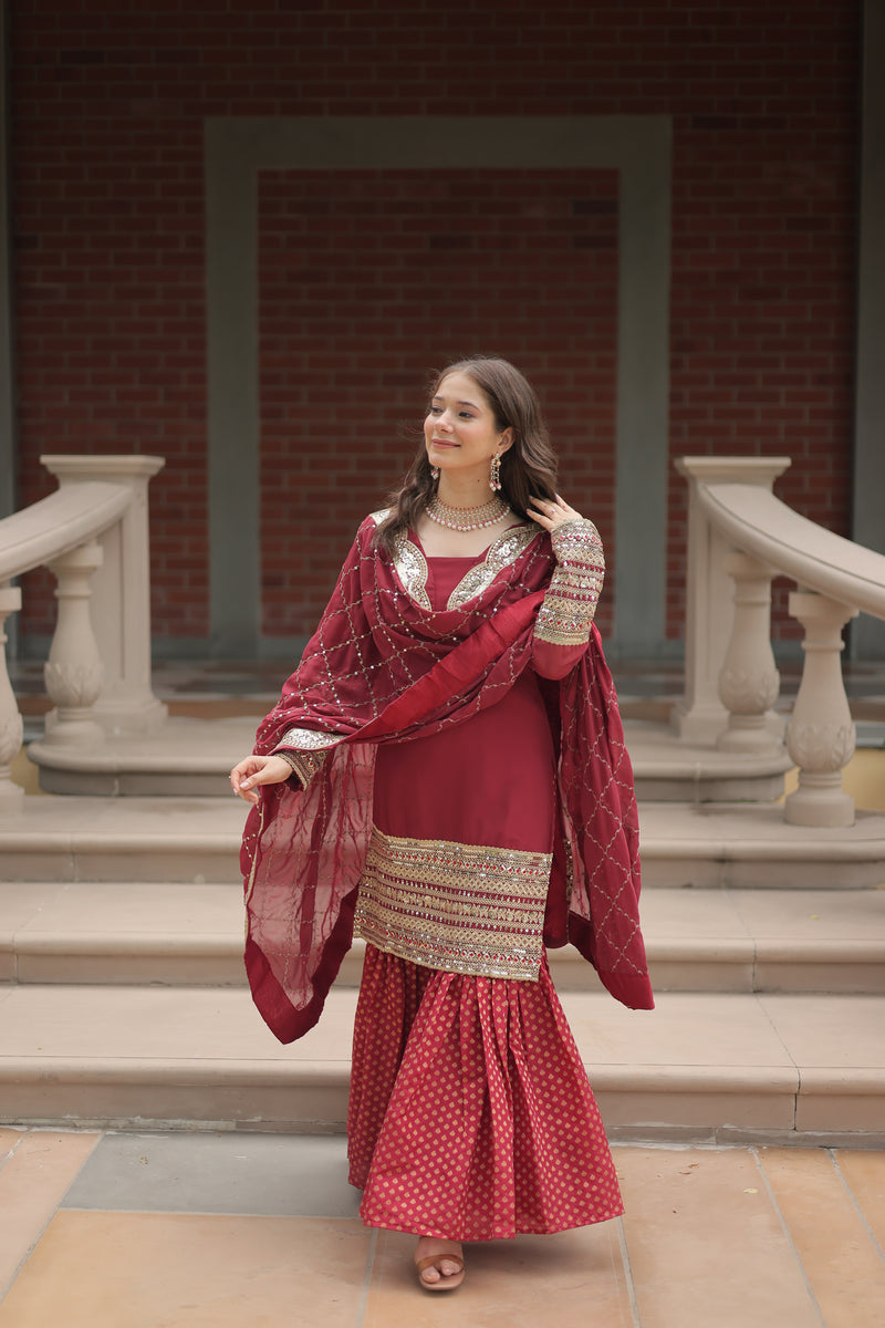 Faux Georgette Maroon Top with Sequins & Thread Embroidered Sharara & Dupatta – Elegant Designer Set