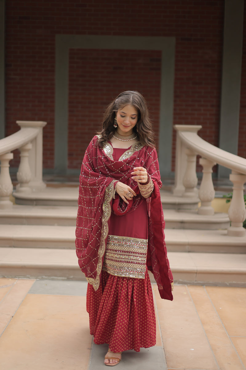 Faux Georgette Maroon Top with Sequins & Thread Embroidered Sharara & Dupatta – Elegant Designer Set