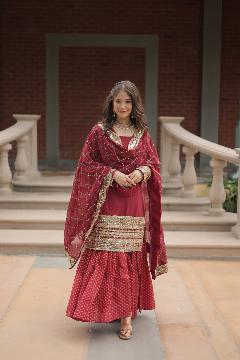 Faux Georgette Maroon Top with Sequins & Thread Embroidered Sharara & Dupatta – Elegant Designer Set