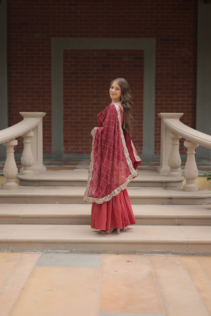 Faux Georgette Maroon Top with Sequins & Thread Embroidered Sharara & Dupatta – Elegant Designer Set