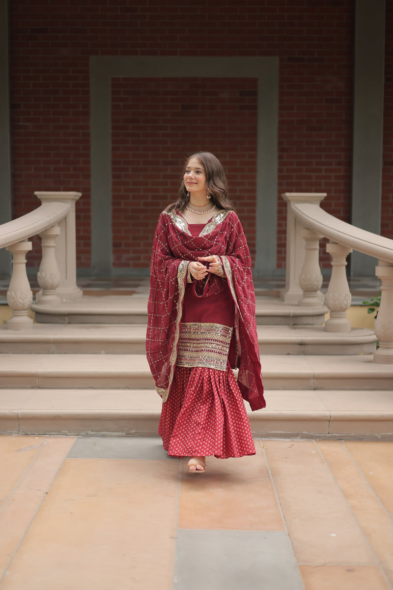 Faux Georgette Maroon Top with Sequins & Thread Embroidered Sharara & Dupatta – Elegant Designer Set