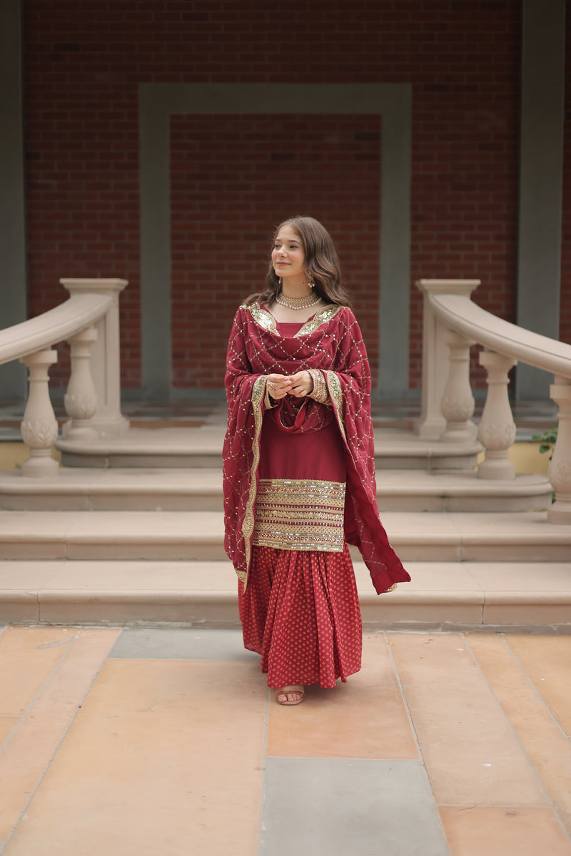 Faux Georgette Maroon Top with Sequins & Thread Embroidered Sharara & Dupatta – Elegant Designer Set