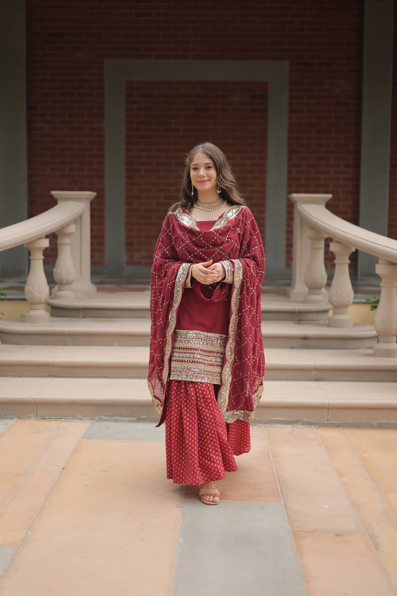 Faux Georgette Maroon Top with Sequins & Thread Embroidered Sharara & Dupatta – Elegant Designer Set